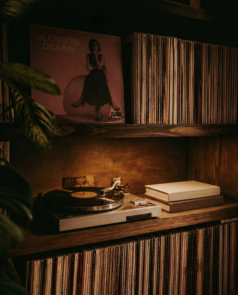 A warm-lit shelf of vinyl records with a vintage turntable
